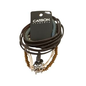 Carbon Elements Bracelet Wrap Ship Wheel‎ Wood Bead Leather Mens Jewelry